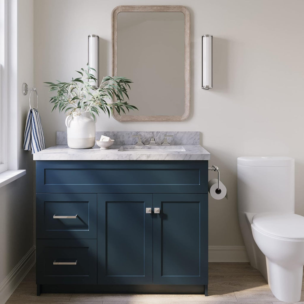ARIEL 48' Grey Bathroom Vanity with Sink, 1.5' Pure White Quartz Countertop, Rectangular Sink, 2 Soft Close Doors, 4 Full Extension Dovetail Drawers, Brushed Nickel