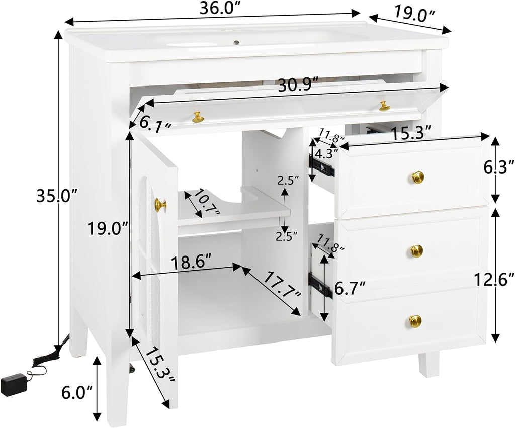 36 inch Bathroom Vanity with Sink, Mid Century Modern Freestanding Bathroom Cabinet with Ceramic Sink, 1 Flip Top Drawer, 2 Storage Drawers, Flower Patterned Glass Door, Adjustable Shelf, White