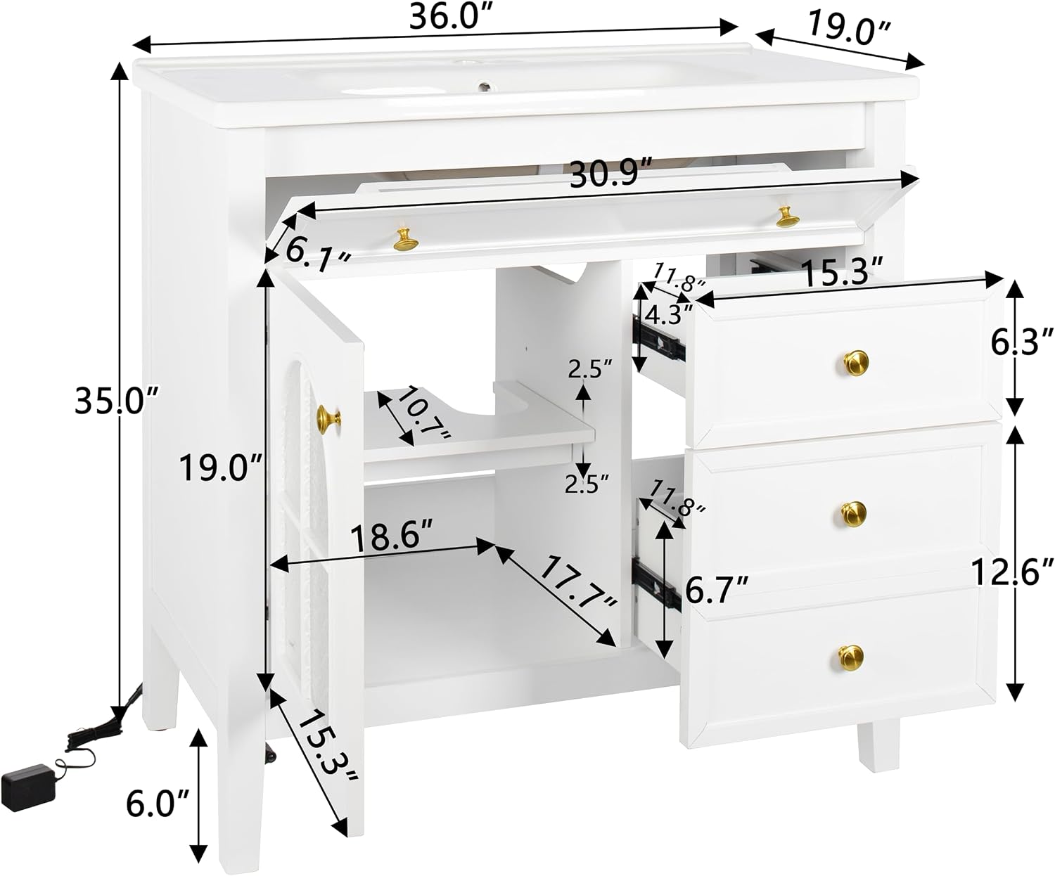 36 inch Bathroom Vanity with Sink, Mid Century Modern Freestanding Bathroom Cabinet with Ceramic Sink, 1 Flip Top Drawer, 2 Storage Drawers, Flower Patterned Glass Door, Adjustable Shelf, White