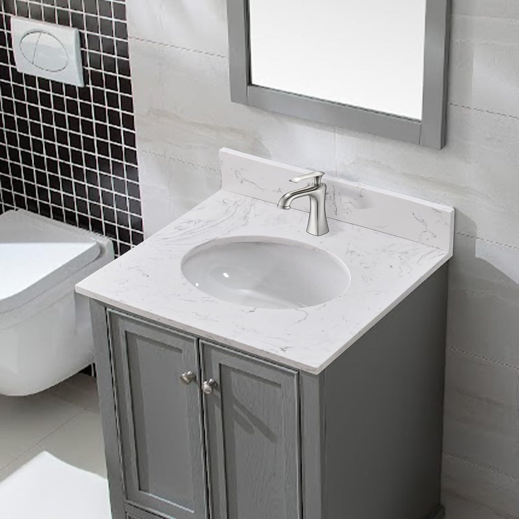 24 in. W x 22 in. D Vanity Top with Round Sink, Engineered Stone Bathroom Sink Top, Single Faucet Hole with One Backsplash Vanity Sink Top, Carrara White Vanity Top with Sink