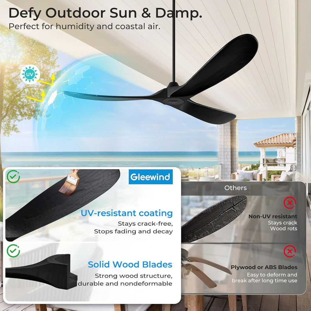 Outdoor Ceiling Fan No Light for Patios, 52 inch Ceiling Fans Without Lights with Smart App and Remote Control, Wet Rated 3 Blades Wood Propeller Modern Fan for Exterior Outside, High CFM, Black