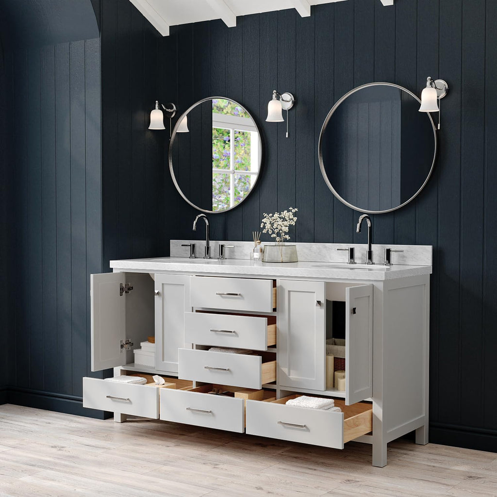 ARIEL Cambridge 66-inch Bathroom Vanity with Sink,Solid Wood, 1.5-inch Italian Carrara Marble Countertop & Backsplash, Double Oval Porcelain Sink, 4 Soft Closing Doors, 6 Dovetail Drawers, Grey