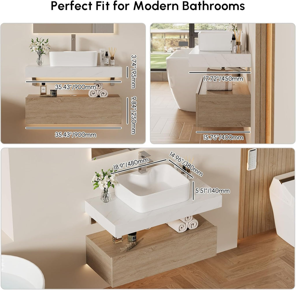 homary 35' Floating Bathroom Vanity with Sink, Wall Mounted Bathroom Vanity with Sintered Stone Countertop, Ceramic Vessel Sink, 1 Drawer Storage, Modern Bathroom Cabinet for Small Bathroom, Natural