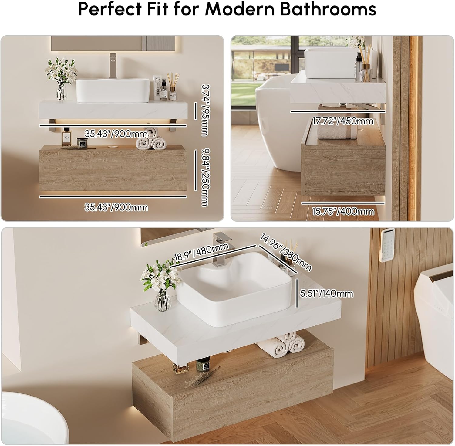 homary 35' Floating Bathroom Vanity with Sink, Wall Mounted Bathroom Vanity with Sintered Stone Countertop, Ceramic Vessel Sink, 1 Drawer Storage, Modern Bathroom Cabinet for Small Bathroom, Natural