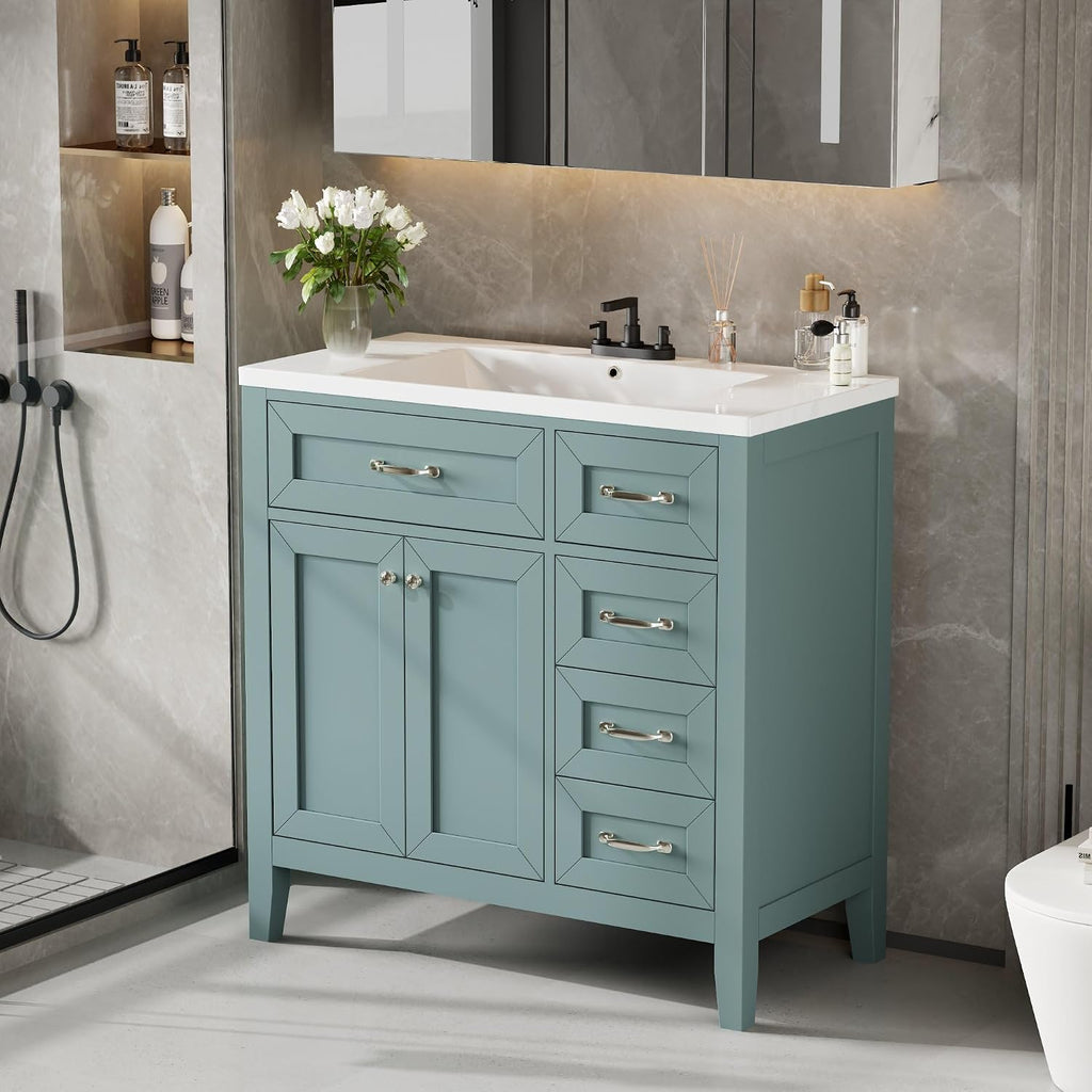 36' Bathroom Vanity with Sink Top, Freestanding Cabinet with Drawers, Soft Closing Doors, Solid Wood Frame & MDF Board