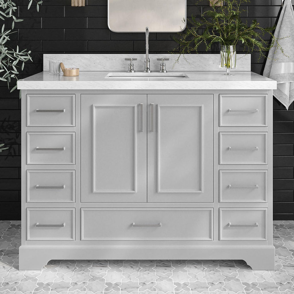 ARIEL Stafford 48-inch Bathroom Vanity with Sink,Solid Wood, 1.5-inch Italian Carrara Marble Countertop, Single Rectangular Porcelain Sink, 2 Soft Closing Doors, 9 Dovetail Drawers, Grey