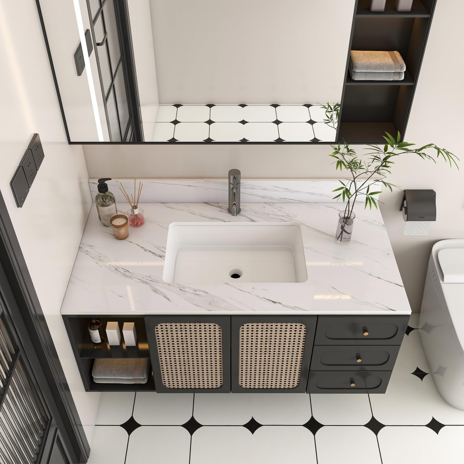 43 Inch Marble Vanity Top with Sink, Sintered Stone Vanity Sink Top with Undermount Ceramic Sink & Backsplash, Single Hole Countertops for Bathroom (Elegant White)