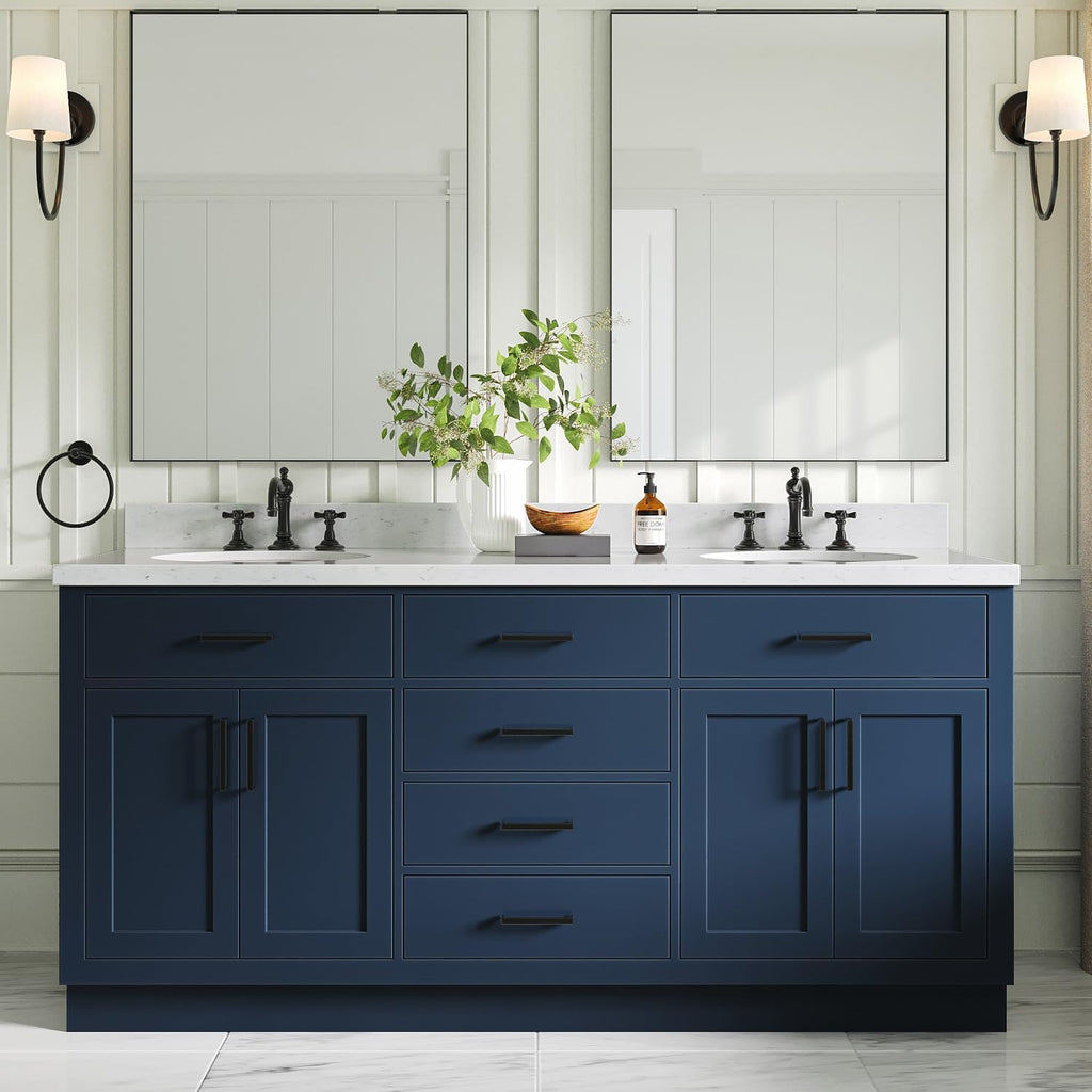 ARIEL Hepburn 72-inch Bathroom Vanity with Sink,Solid Wood, 1.5-inch Carrara White Quartz Countertop, Double Oval Porcelain Sink, 4 Soft Closing Doors, 6 Dovetail Drawers, Midnight Blue