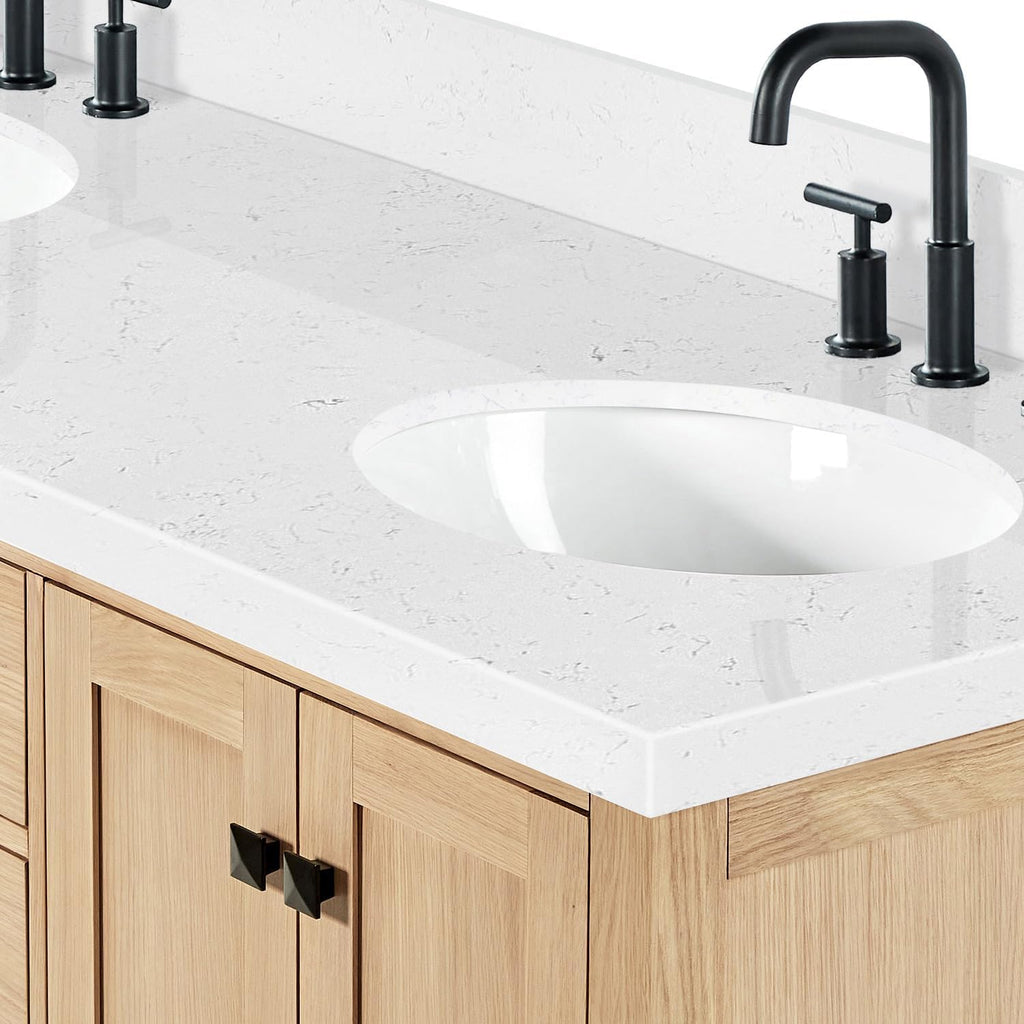 ARIEL Cambridge 66-inch Bathroom Vanity with Sink,Solid Wood, 1.5-inch Carrara White Quartz Countertop & Backsplash, Double Oval Porcelain Sink, 4 Soft Closing Doors, 6 Dovetail Drawers, White Oak