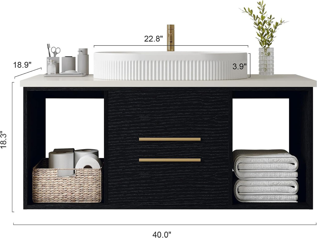 40 Inch Modern Bathroom Vanity Floating Bathroom Vanities with Above Oval Sink 40' Wall Mounted Bathroom Sink Cabinet with 2 Drawers & 2 Open Shelves & Gold Metal Handle, Black
