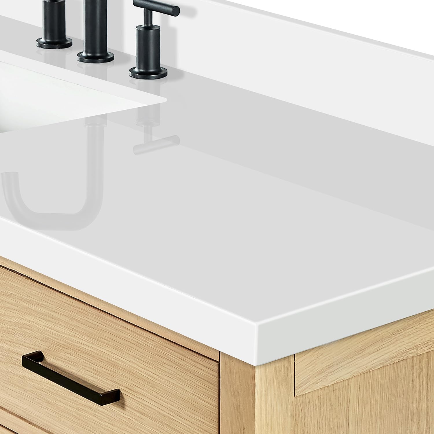 ARIEL Cambridge 66-inch Bathroom Vanity with Sink,Solid Wood, 1.5-inch Pure White Quartz Countertop, Single Rectangular Porcelain Sink, 2 Soft Closing Doors, 9 Dovetail Drawers, White Oak