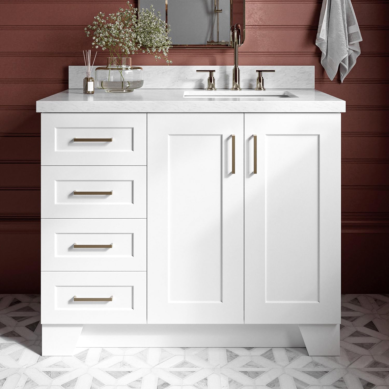 ARIEL Taylor 42-inch Bathroom Vanity with Sink,Solid Wood, 1.5-inch Italian Carrara Marble Countertop, Single Rectangular Porcelain Sink, 2 Soft Closing Doors, 5 Dovetail Drawers, White