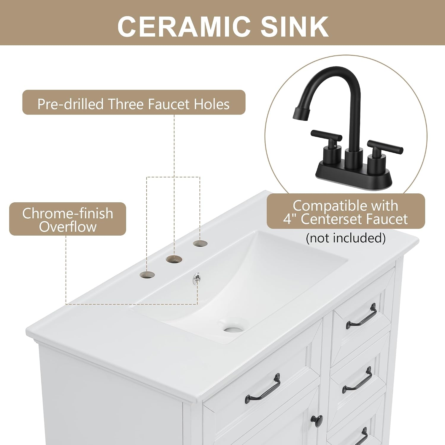36' Bathroom Vanities Cabinet with Ceramic Sink Set Combo, Tip-Out Drawers, Storage Organizer Door Shelf, Soft-Closing Door, White