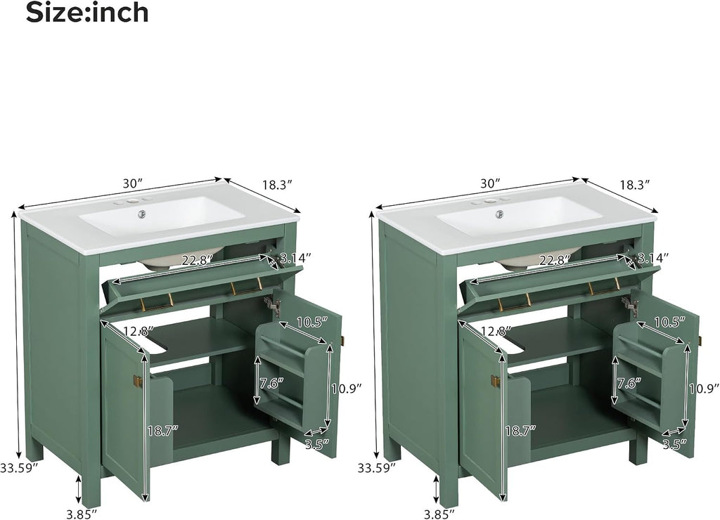 Harper & Bright Designs 60' Bathroom Vanity Set with Double Sink, Vanity Cabinet with Flip Drawer, 2 Doors, and Adjustable Shelf, Solid Wood Bathroom Cabinet with Ceramic Basin for Bathroom, Green