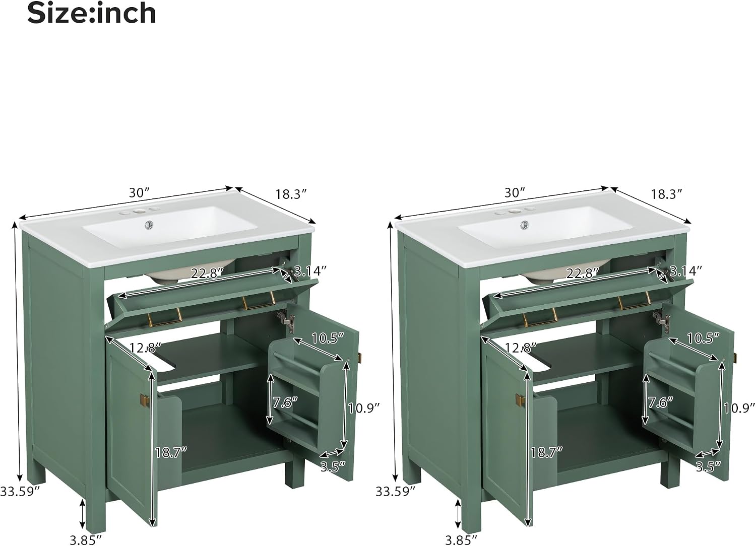 Harper & Bright Designs 60' Bathroom Vanity Set with Double Sink, Vanity Cabinet with Flip Drawer, 2 Doors, and Adjustable Shelf, Solid Wood Bathroom Cabinet with Ceramic Basin for Bathroom, Green