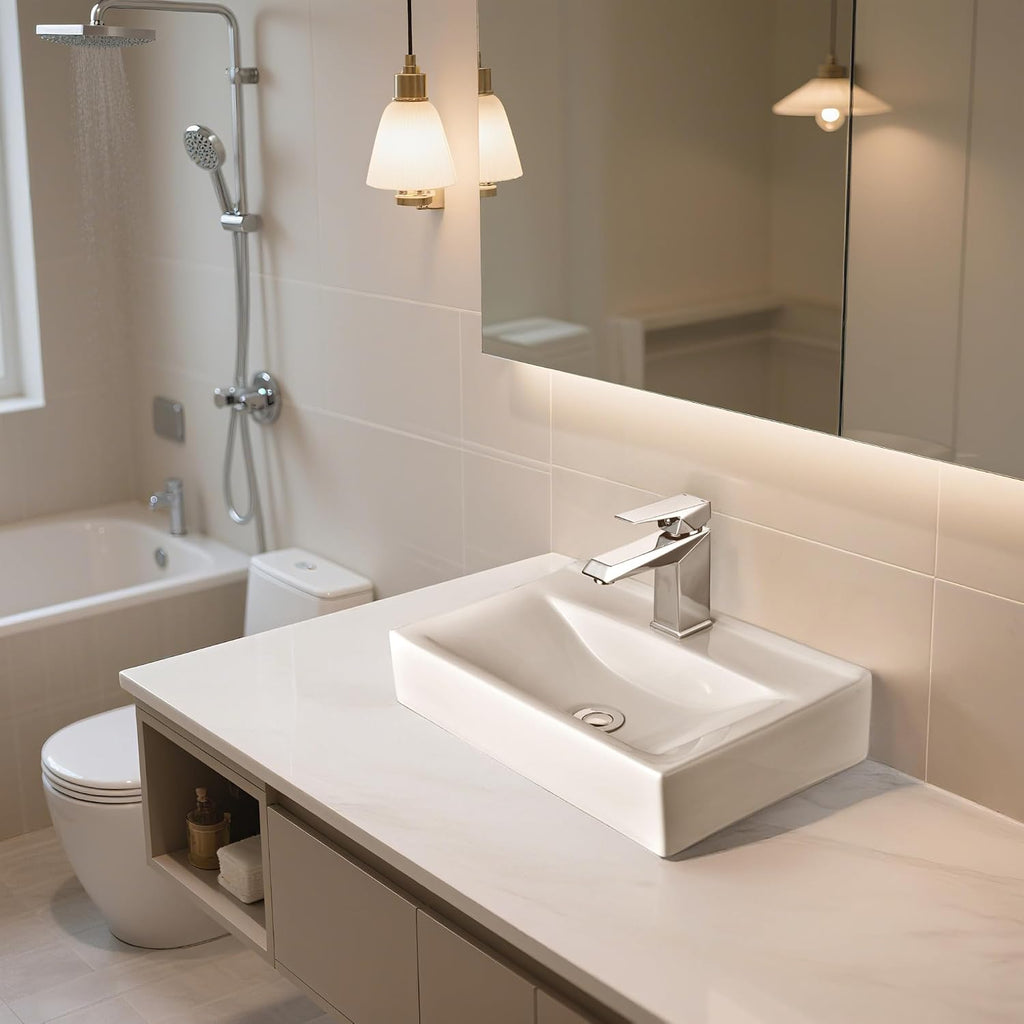 Aquaterior Rectangle Bathroom Vessel Sink Porcelain with Single Handle Faucet Pop-up Drain Combo White Vanity Sink Above Counter Modern for Lavatory Hotel Basin Home Washing Basin