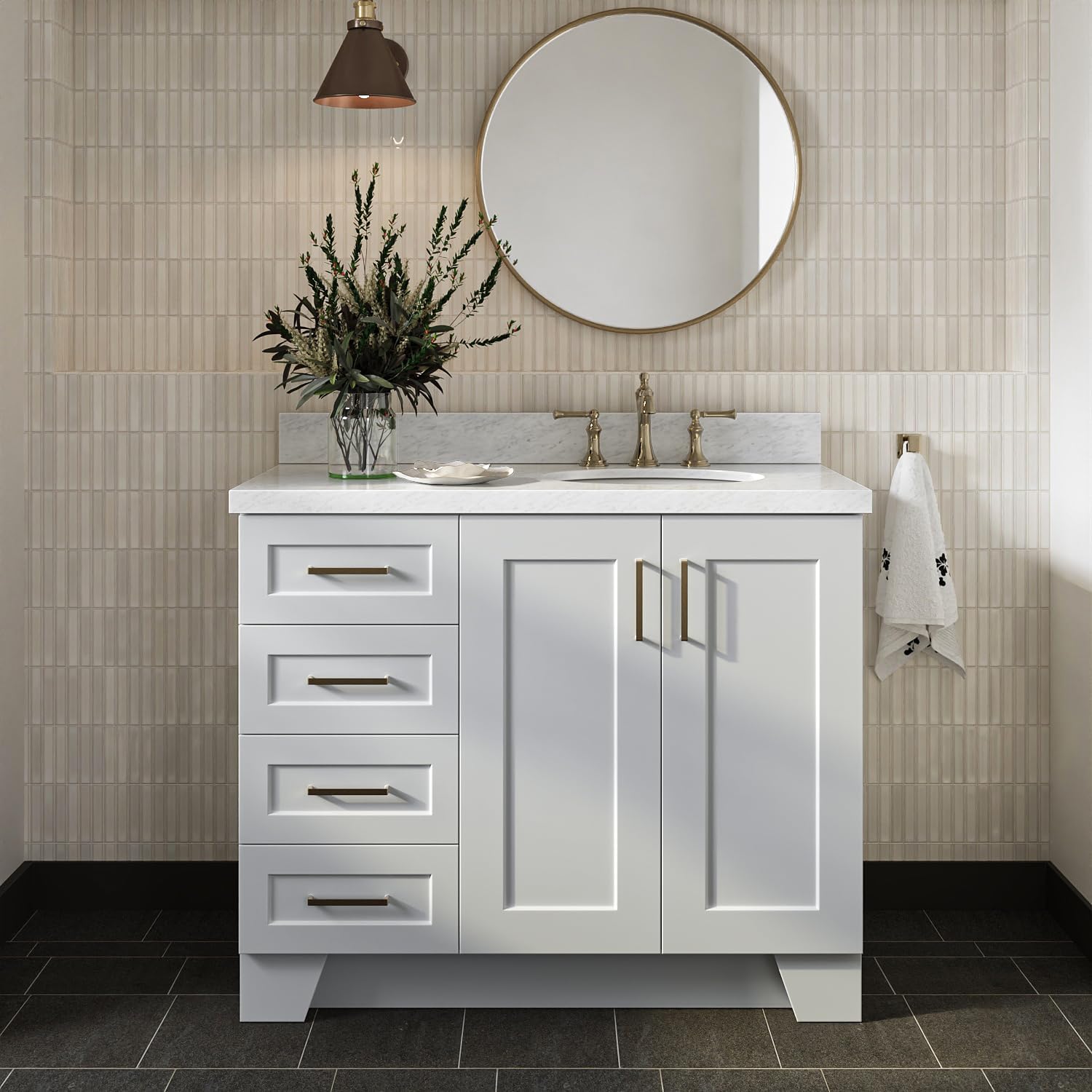 DKB Emilia 42-Inch Gray Bathroom Vanity with Sink, 1.5' Edge Italian Carrara Marble Countertop & 4' Backsplash, Right Oval Sink, 2 Soft-Closing Doors, 5 Dovetail Drawers, Solid Wood Base, Toe Kick