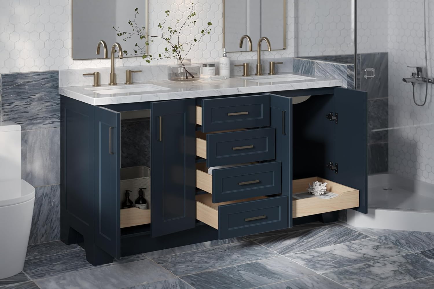 ARIEL Taylor 66-inch Bathroom Vanity with Sink,Solid Wood, 1.5-inch Italian Carrara Marble Countertop, Double Rectangular Porcelain Sink, 4 Soft Closing Doors, 5 Dovetail Drawers, Midnight Blue