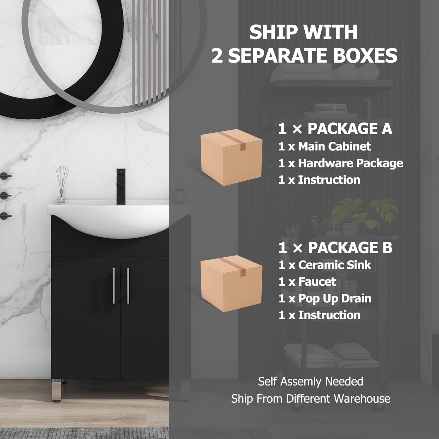 LUCKWIND 24 Inch Black Laundry Sink Cabinet Set with Ceramic Belly Bowl Sink and Faucet - Bathroom Vanity Combo, Ceramic Utility Sink for Laundry, Utility Room, Bathroom, Kitchen