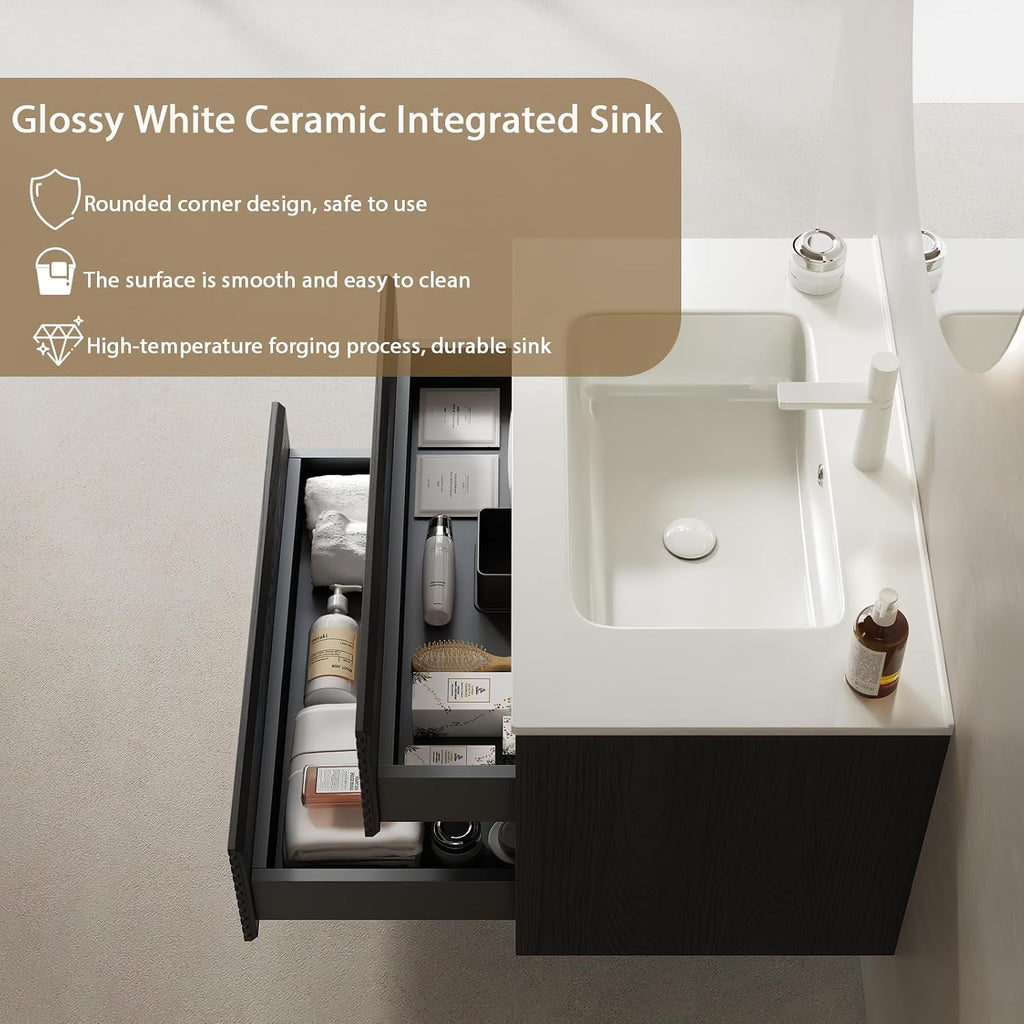 Eleshine 30 inch Floating Bathroom Vanity with Sink, Woodgrain Bathroom Cabinet with 2 Storage Drawer， Pre-Assembled and Integrated Ceramic Basin for Wall Mount Vanities - Dark Oak