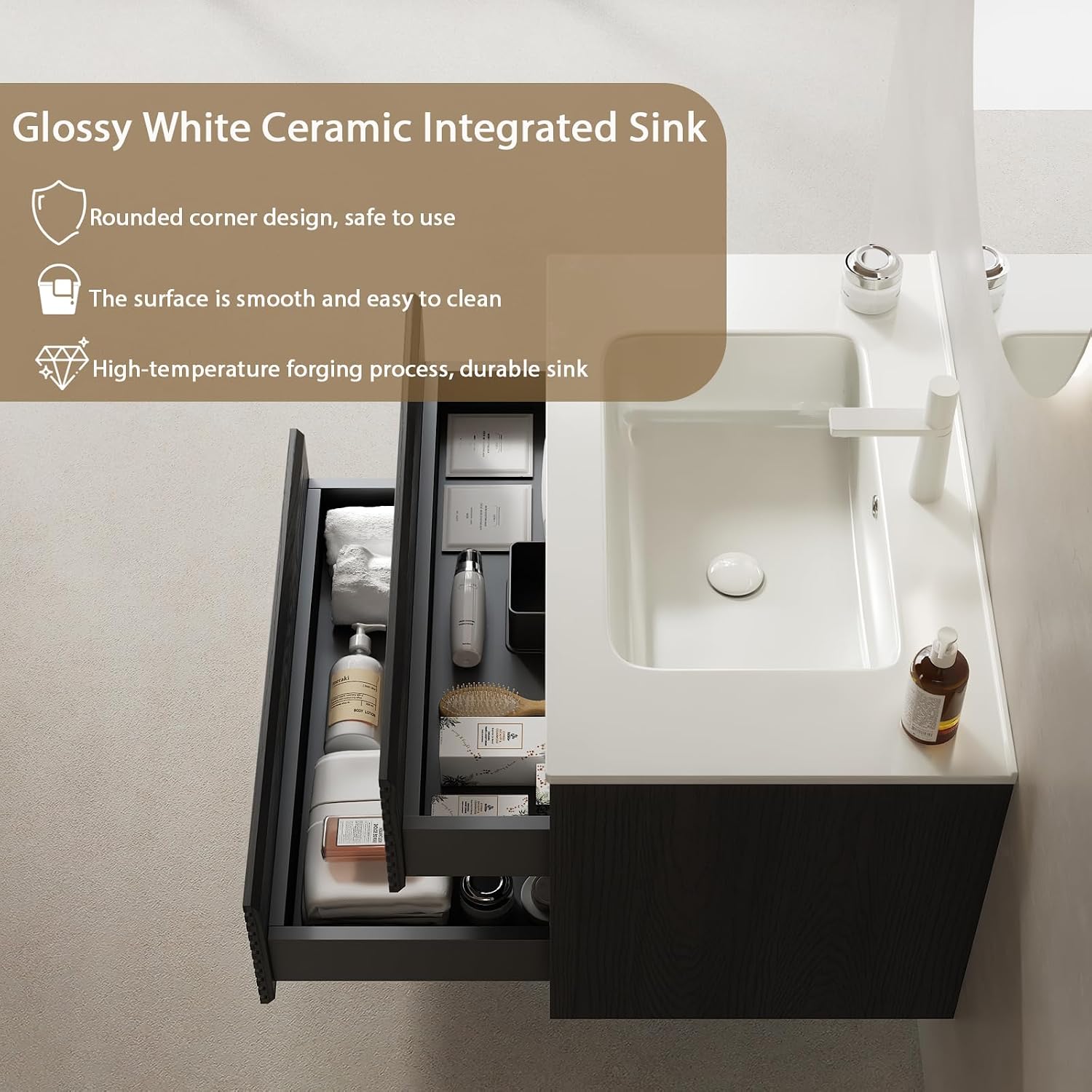 Eleshine 30 inch Floating Bathroom Vanity with Sink, Woodgrain Bathroom Cabinet with 2 Storage Drawer， Pre-Assembled and Integrated Ceramic Basin for Wall Mount Vanities - Dark Oak