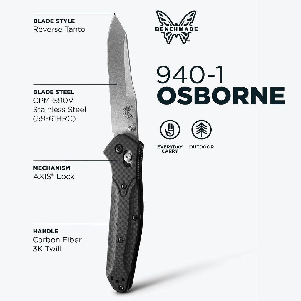 Benchmade - Osborne, Every Day, Outdoor, Folding Knife, Reverse Tanto Blade with Black Carbon Fiber Handle (940-1)