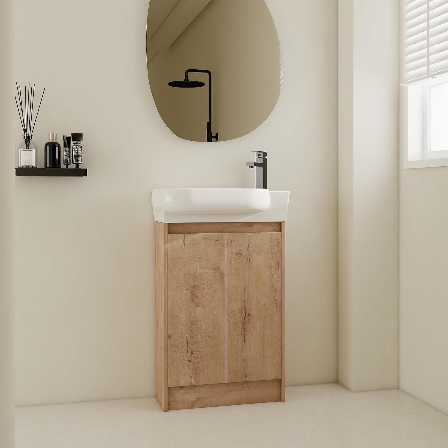 23' Small Bathroom Vanity with Sink, Freestanding Bathroom Vanity Cabinet with Round Ceramic Basin, Soft Closing Doors, Adjustable Shelves, Modern Single Sink Bathroom Vanity, Imitative Oak