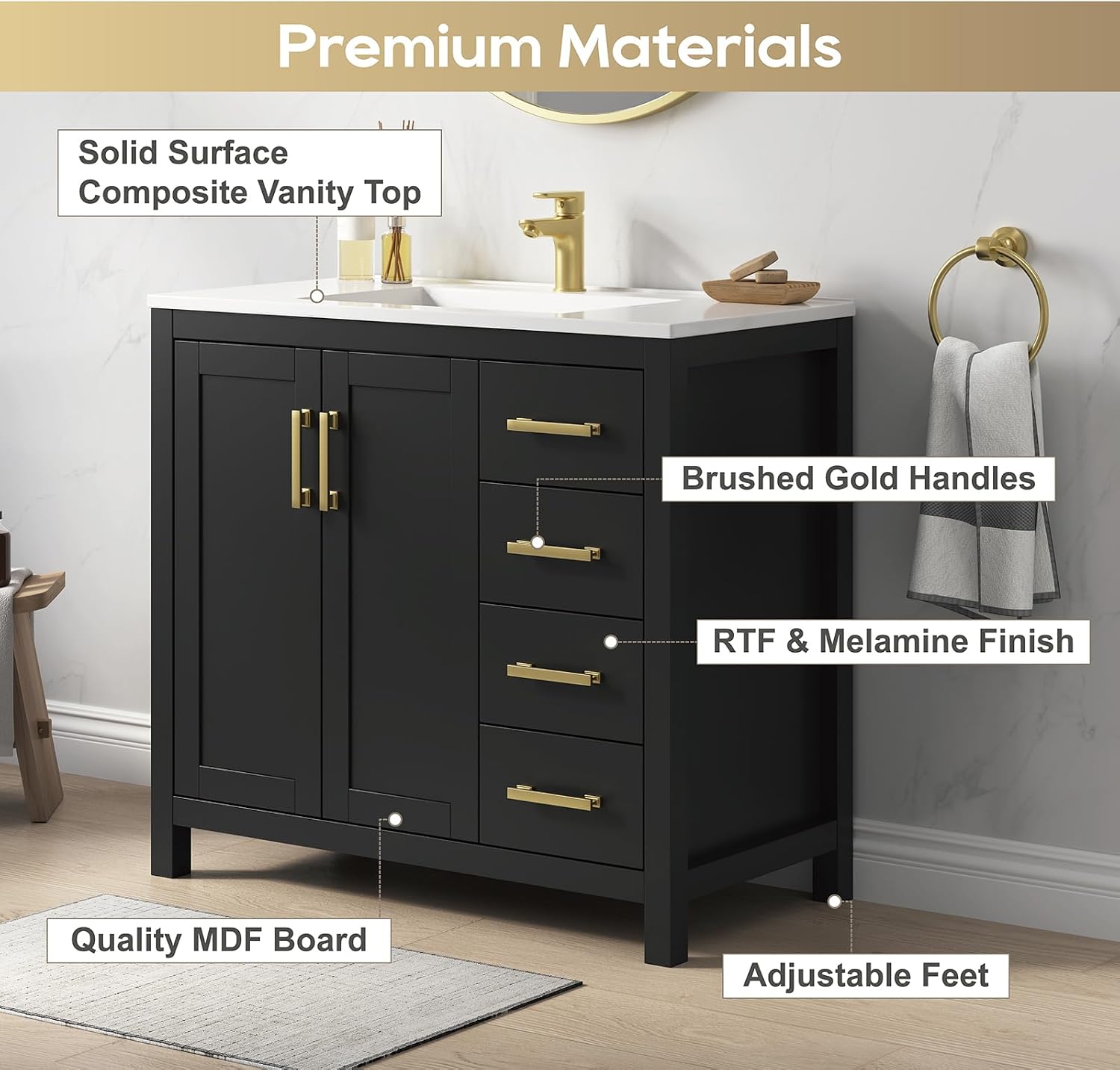 36 Inch Bathroom Vanity with Sink, Black Single Sink Bathroom Vanity with Adjustable Feet, Modern Bathroom Sink Cabinet with Soft-Closing Doors & Drawers, Integral Top
