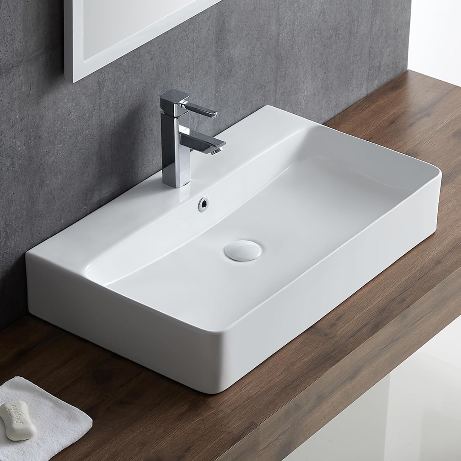 Rectangle Bathroom Vessel Sink 28' x 16.5', Eridanus Wall Mount Sink Ceramic Porcelain, Modern Above Counter Sink White Floating Lavatory Vanity Trough Art Basin with Overflow