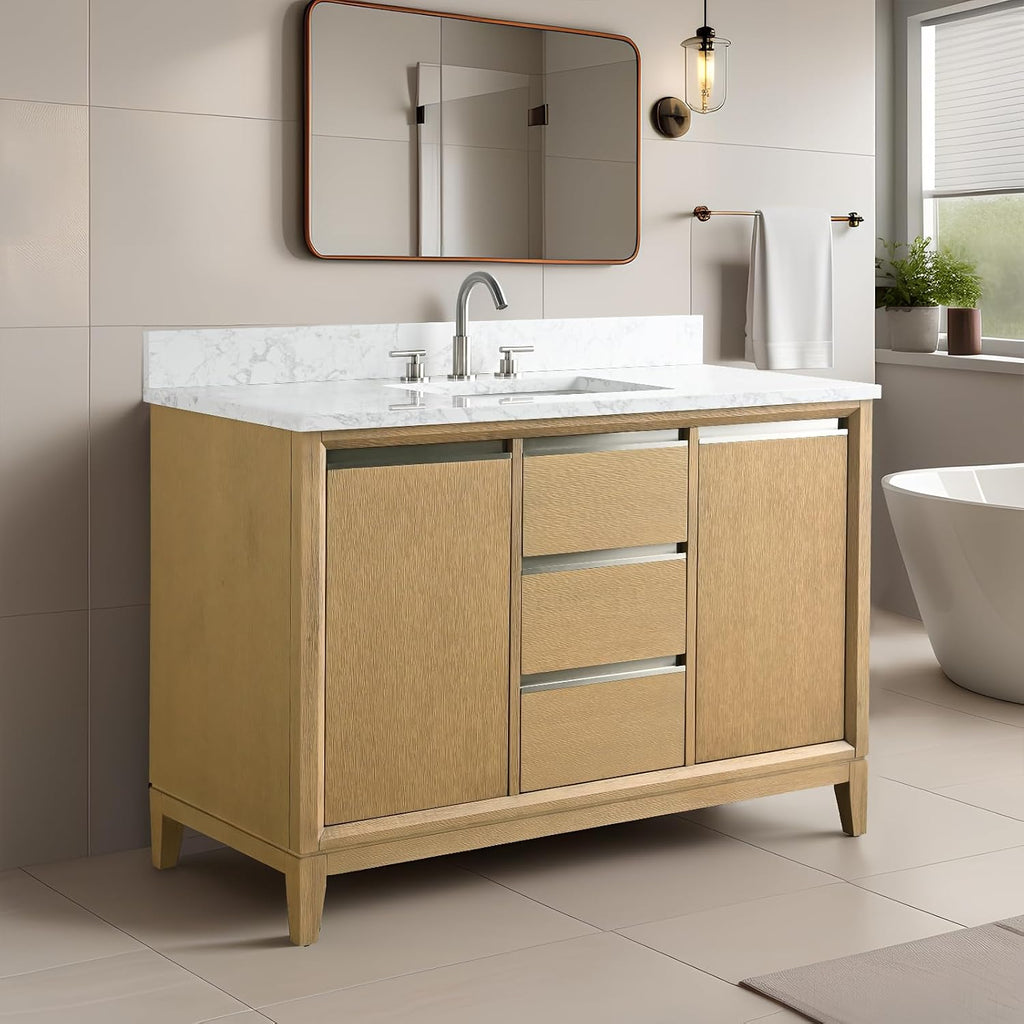 HOMEBEYOND 48 Inch Bathroom Vanity with Single Sink & Ceramic Top, Vanity Cabinet with Solid Wood Frame, Soft-Closing Doors, Drawers, Natural Oak