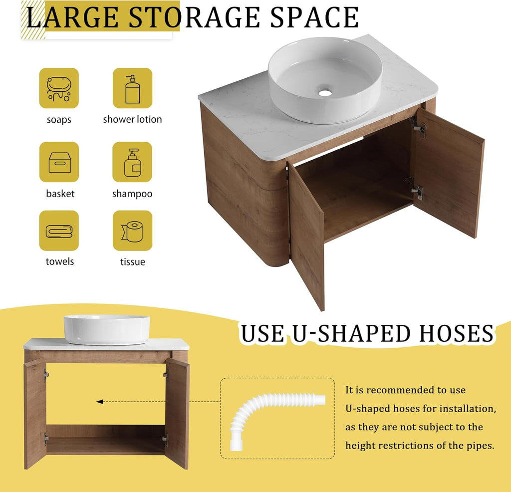 30 Inch Wall-Mounted Bathroom Vanity with Sink Combo Modern Floating Bathroom Vanitites with Round Ceramic Vessel Sink 30' Bathroom Sink Cabinet with Marble Counter Top & Soft Closing Door