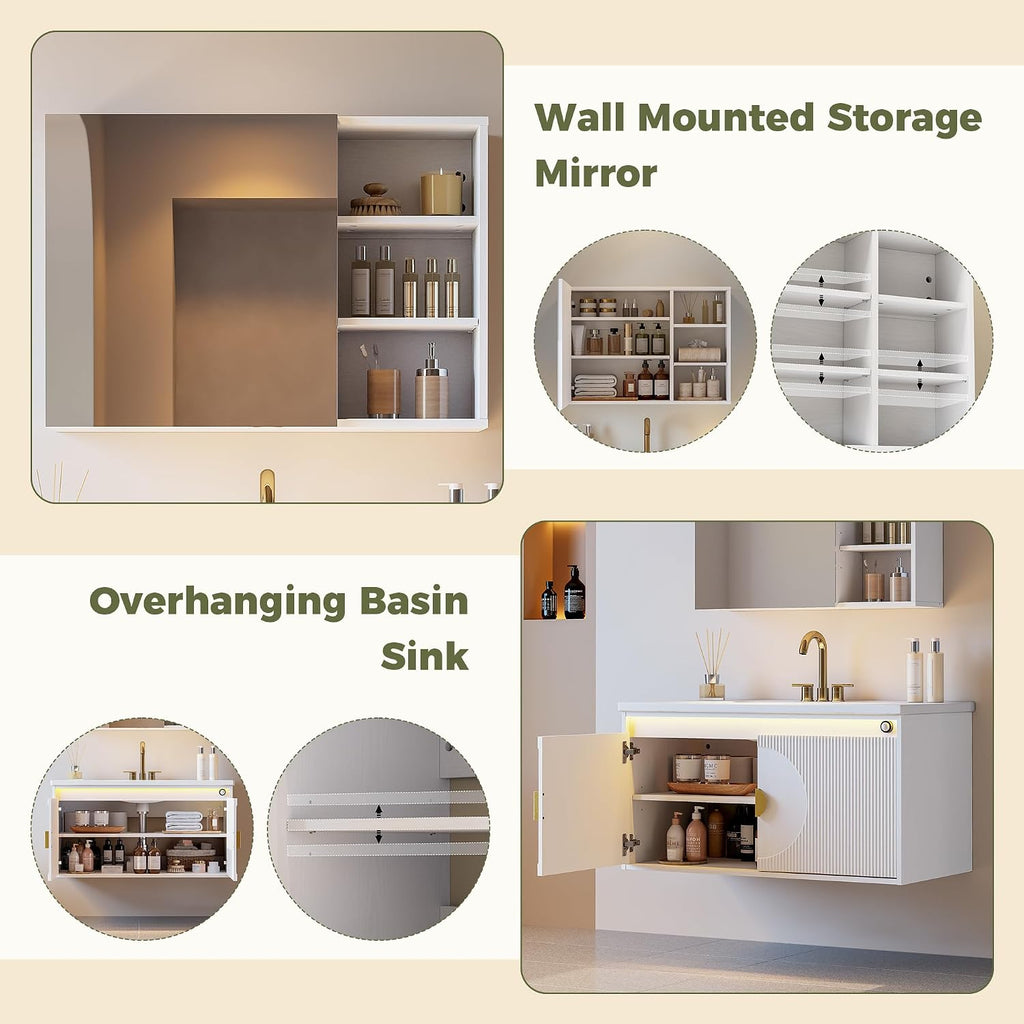 IRONCK Floating Bathroom Vanity with Sink, Mirror Medicine Cabinet, LED Strip Light, 36 Inches Modern Wall Mounted Sink Cabinets & Mirror Cabinets Set with Large Storage Space, White