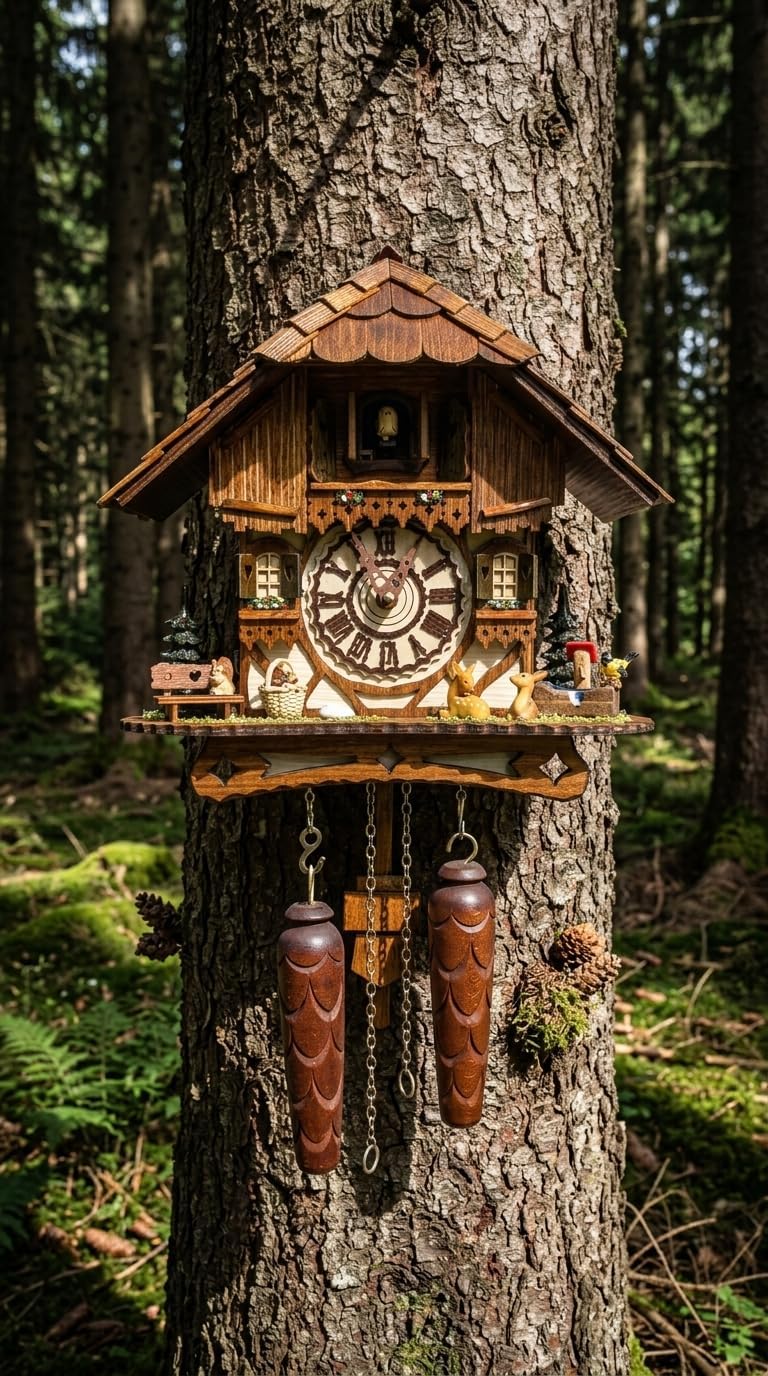 Cuckoo Palace German Cuckoo Clock – Black Forest Hillside Chalet with Animal Figures – Quartz Movement with Music – Night Silence Sensor – 10.6 Inch Wall Clock