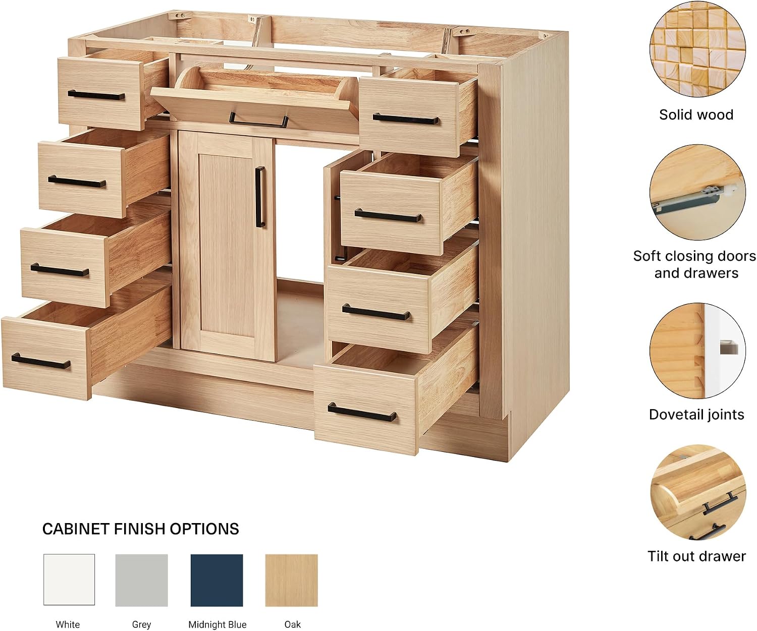 ARIEL Hepburn 42-inch Bathroom Vanity Base Cabinet,Solid Wood, 2 Soft Closing Doors, 9 Dovetail Drawers, White Oak