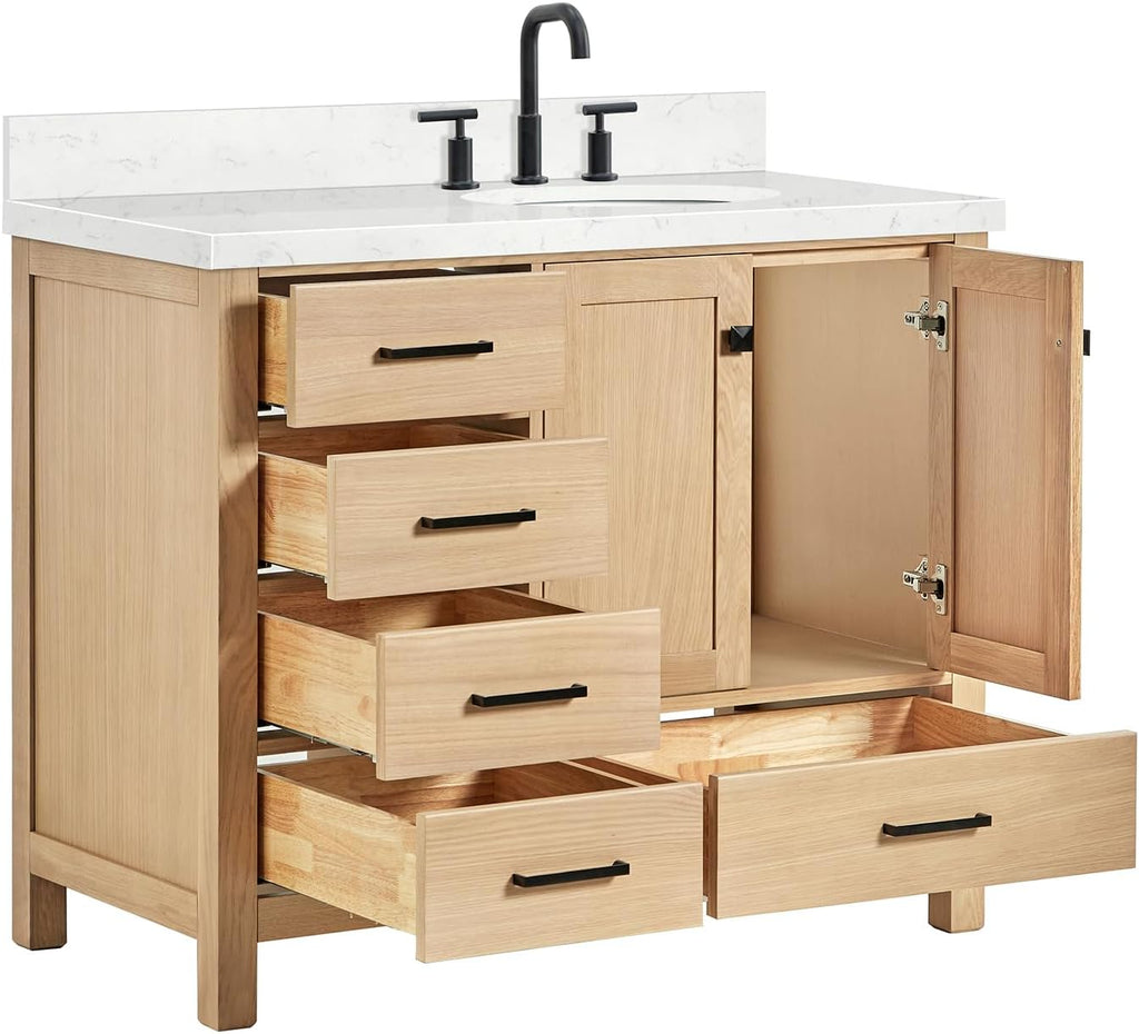 DKB Beckford 42-Inch Oak Single Bathroom Vanity with Sink, Carrara White Quartz Countertop & 1.5' Miter Edge, 4' Backsplash, Soft Closing Door & Drawer, Matte Black Hardware