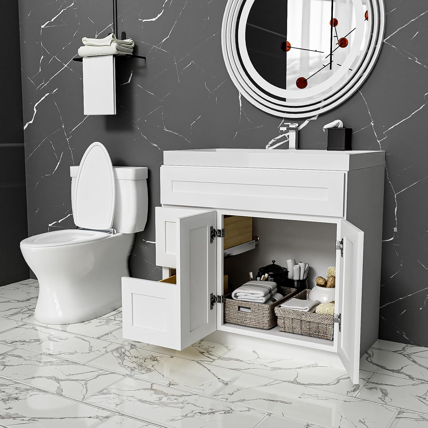 KitchenMan Bathroom Vanity 36 Inch Unassembled Bathroom Sink Cabinet with 2 Shaker Drawers and Vanity for Bathroom, White (Handles and Sink Basin Not Included)
