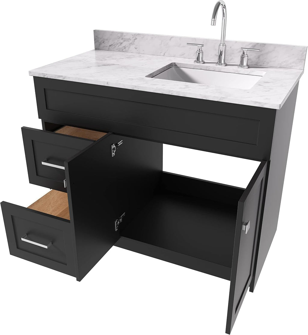 ARIEL Hamlet 43 in. Right Offset Rectangle Sink Vanity with 0.75 in. Carrara White Countertop in Black