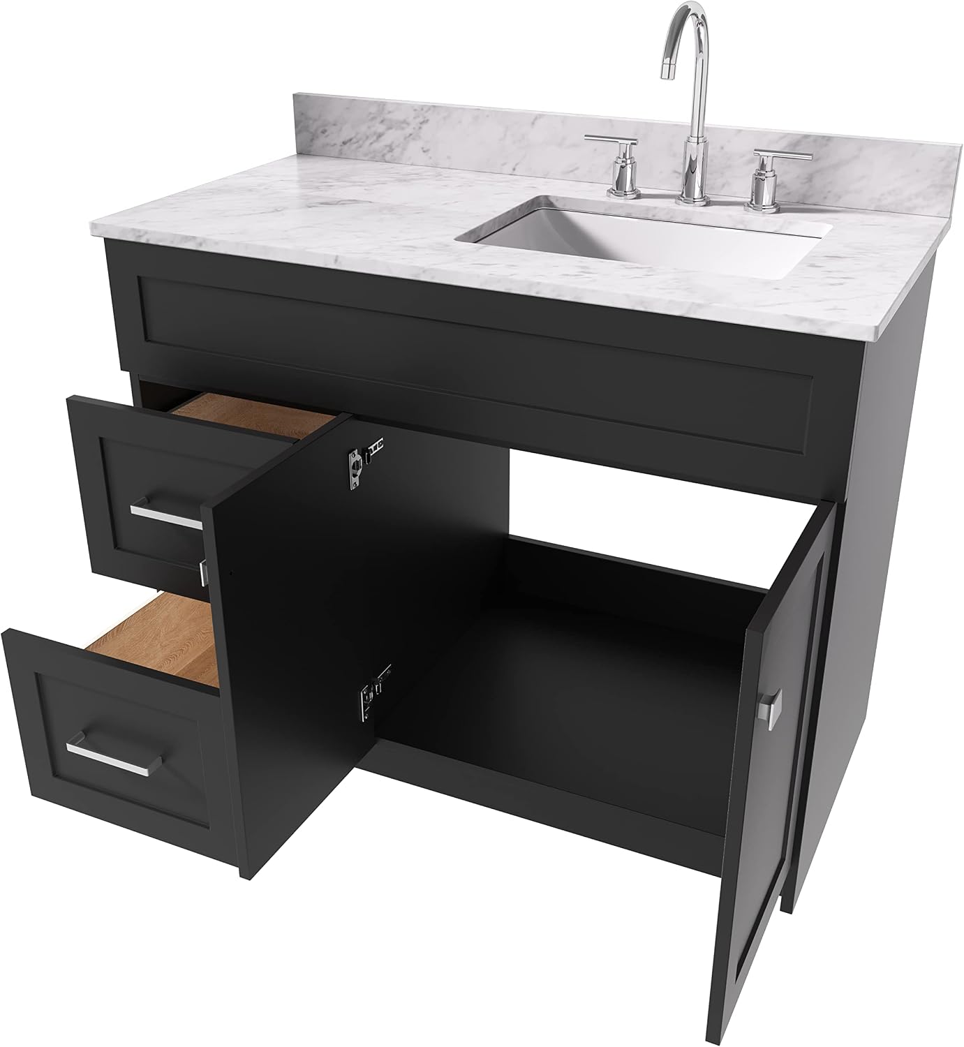 ARIEL Hamlet 43 in. Right Offset Rectangle Sink Vanity with 0.75 in. Carrara White Countertop in Black