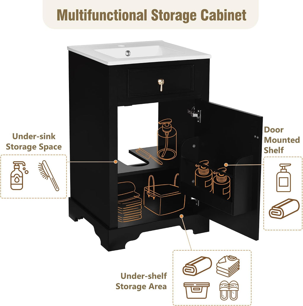 20-inch Bathroom Vanity with Sink, Free Standing Vanity Cabinet with One Door, Storage Rack, and Adjustable Shel, Solid Wood Vanity Set with Ceramic Sink for Bathroom (Black)