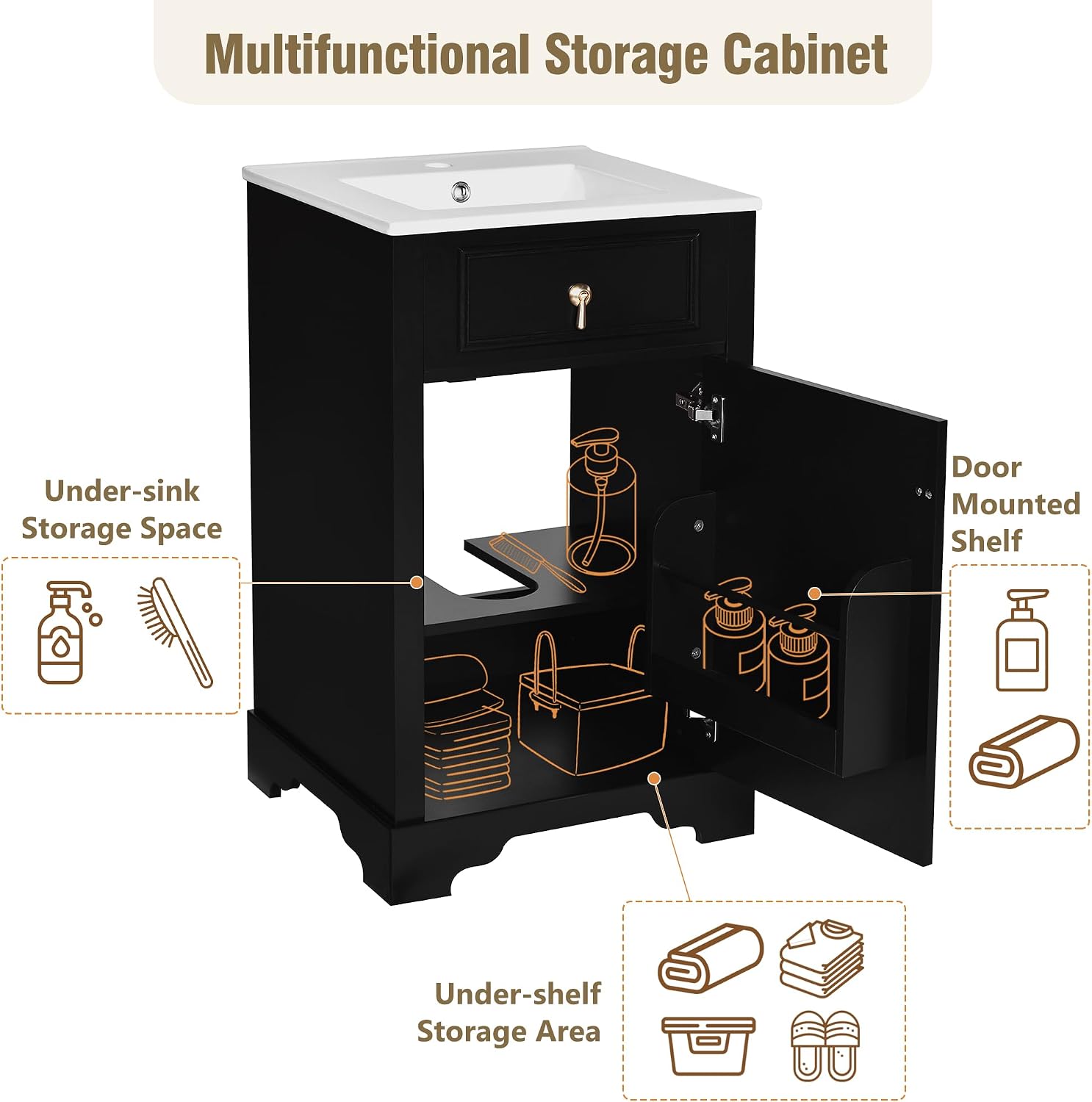 20-inch Bathroom Vanity with Sink, Free Standing Vanity Cabinet with One Door, Storage Rack, and Adjustable Shel, Solid Wood Vanity Set with Ceramic Sink for Bathroom (Black)