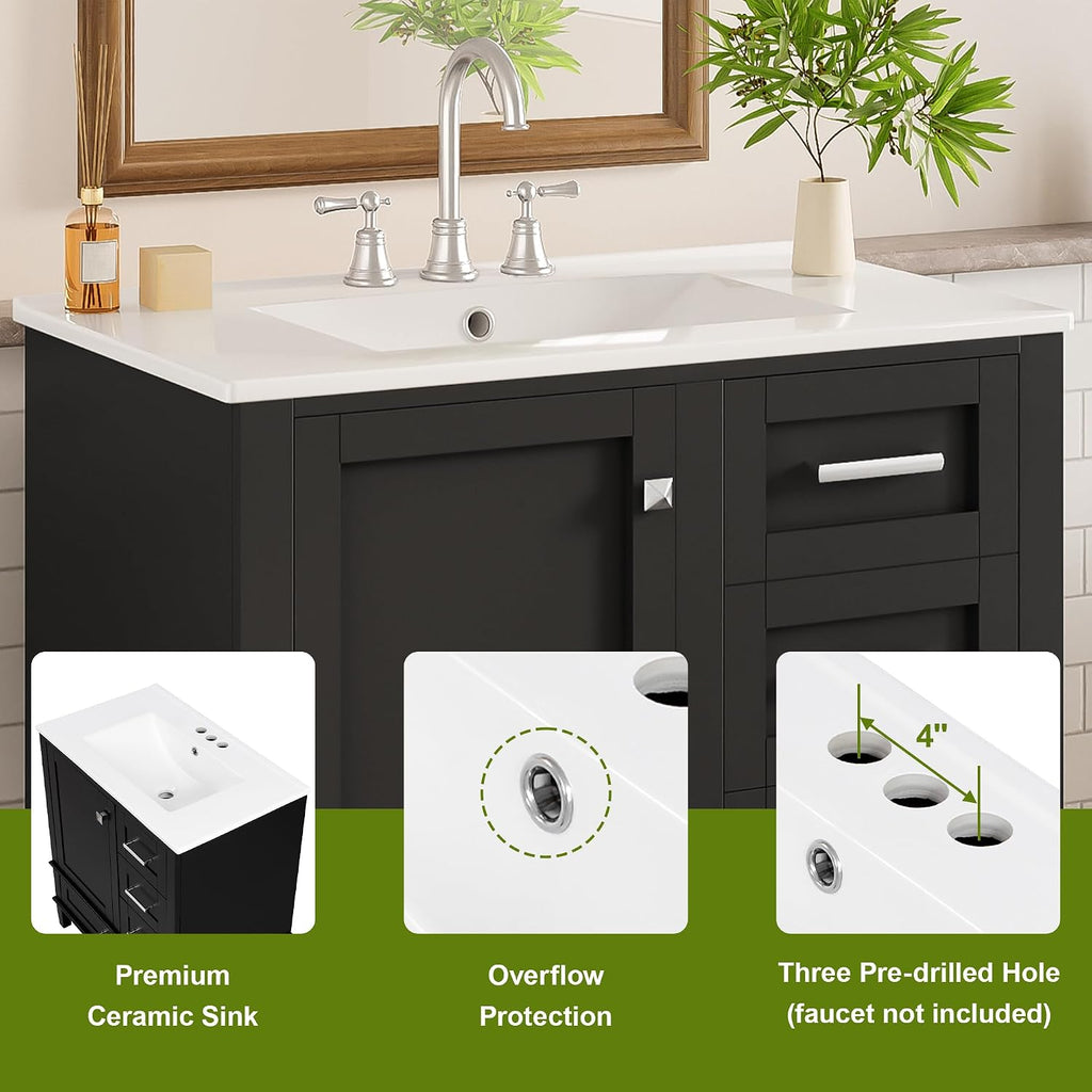 Harper & Bright Designs 30' Bathroom Vanity with Sink, Free Standing Single Basin Vanity Set with One Door, 2 Drawers and Divided Drawers, Wood Bathroom Cabinet with Ceramic Basin for Bathroom, Black