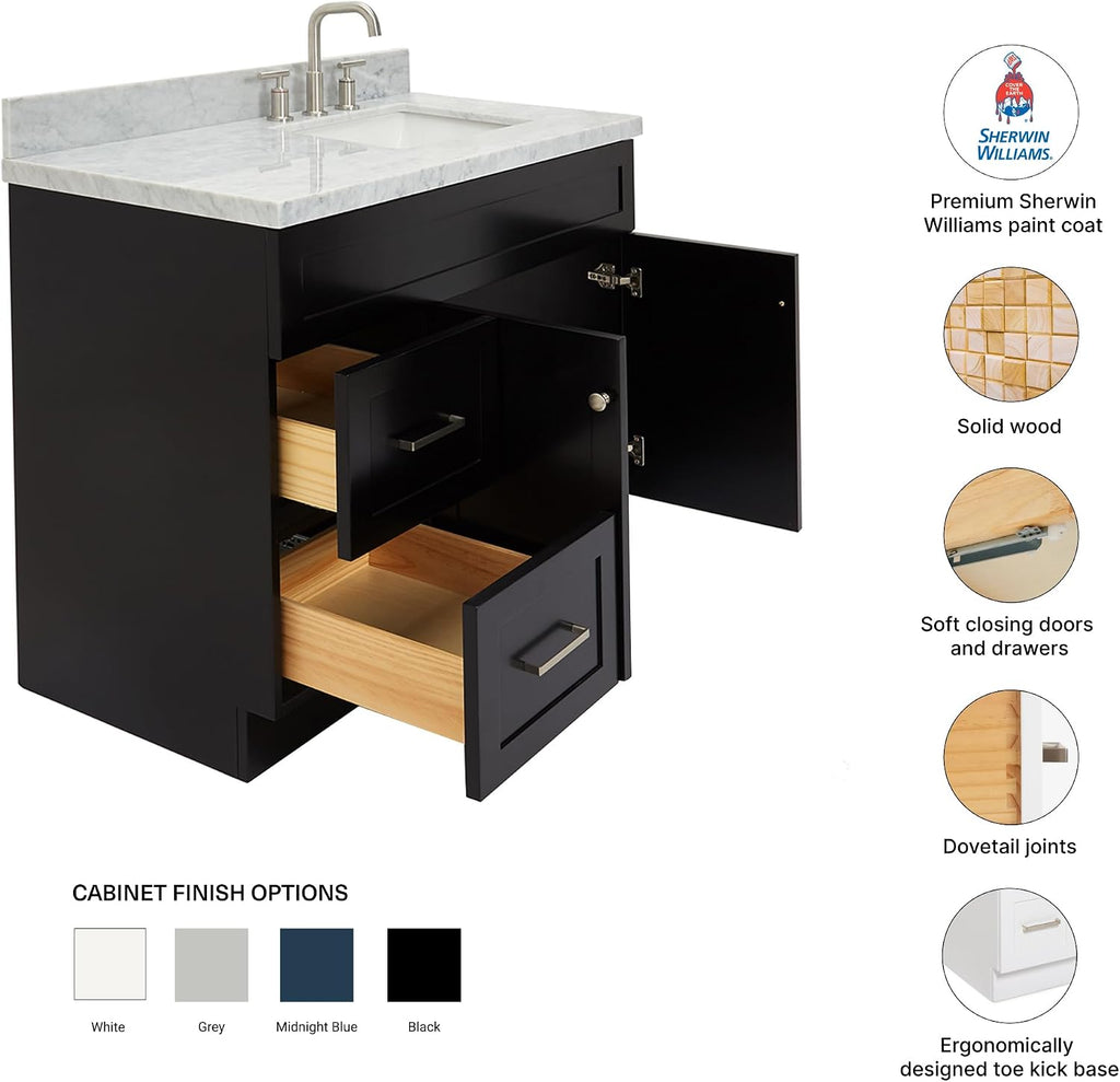DKB Bradford 42' Black Single Bathroom Vanity with Rectangular Sink, 1.5' Edge Italian Carrara Marble Countertop, Solid Wood Frame, 2 Soft-Closing Doors, 2 Dovetail Drawers, Brushed Nickel