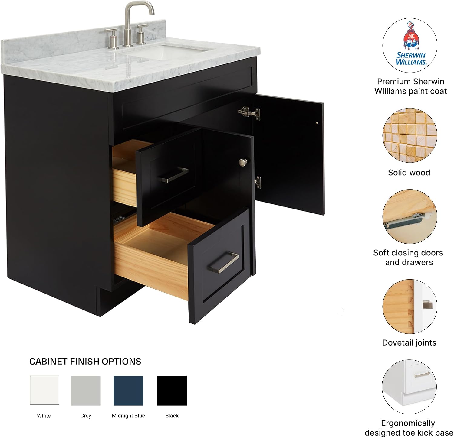 DKB Bradford 42' Black Single Bathroom Vanity with Rectangular Sink, 1.5' Edge Italian Carrara Marble Countertop, Solid Wood Frame, 2 Soft-Closing Doors, 2 Dovetail Drawers, Brushed Nickel