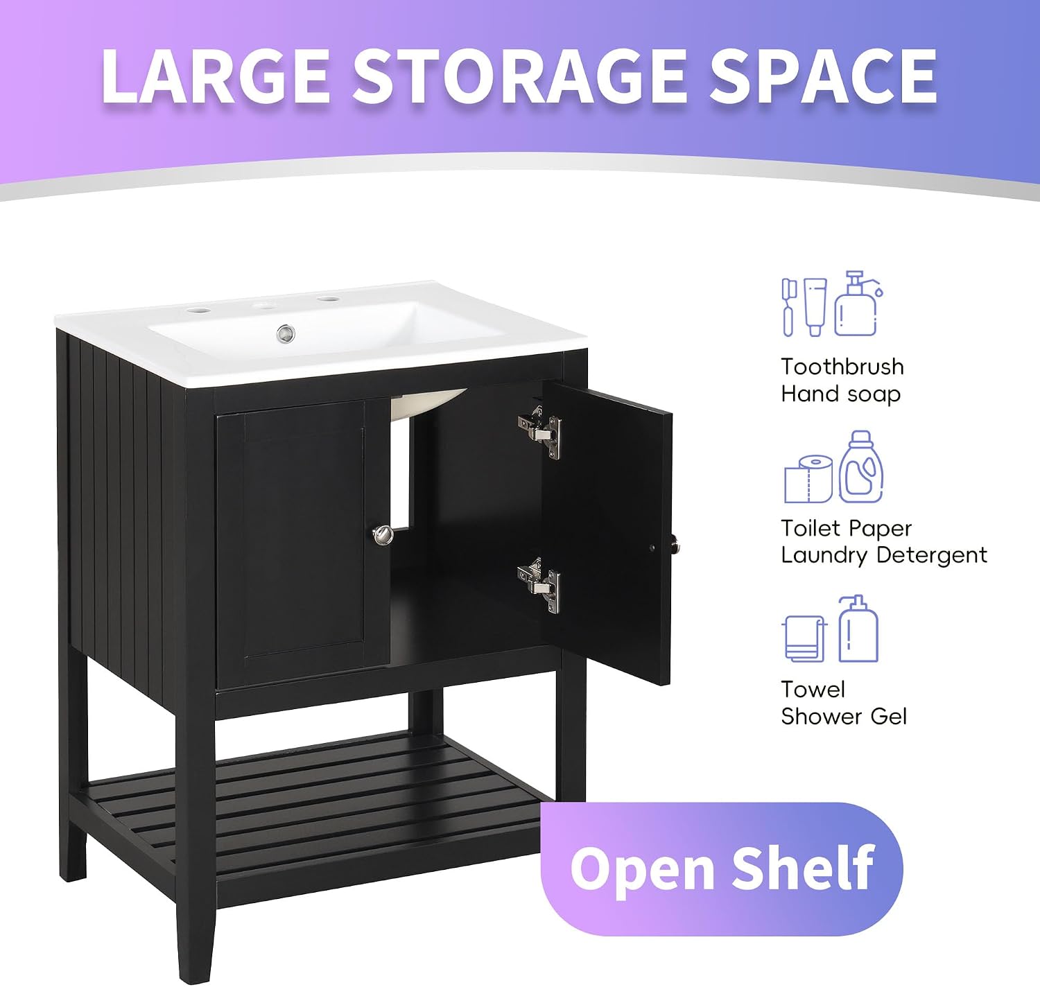 Merax 24' Bathroom Vanity with Sink,Small Bathroom Sink Cabinet with Ceramic Basin,Single Bathroom Vanities Cabinet with 2 Doors and 1 Open Shelf,Solid Wood Frame,Black
