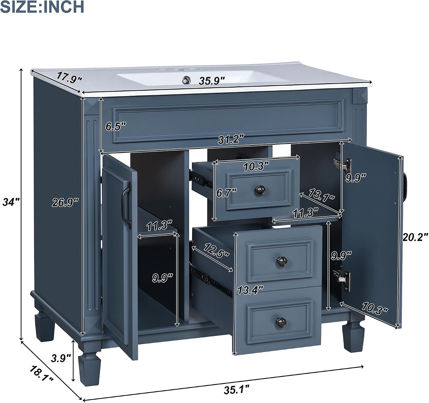 Virubi 36' 'Bathroom Vanity with Ceramic Sink, Traditional Bathroom Storage Cabinet with 2 Doors and 2 Drawers, Solid Wood Frame Bathroom Vanities