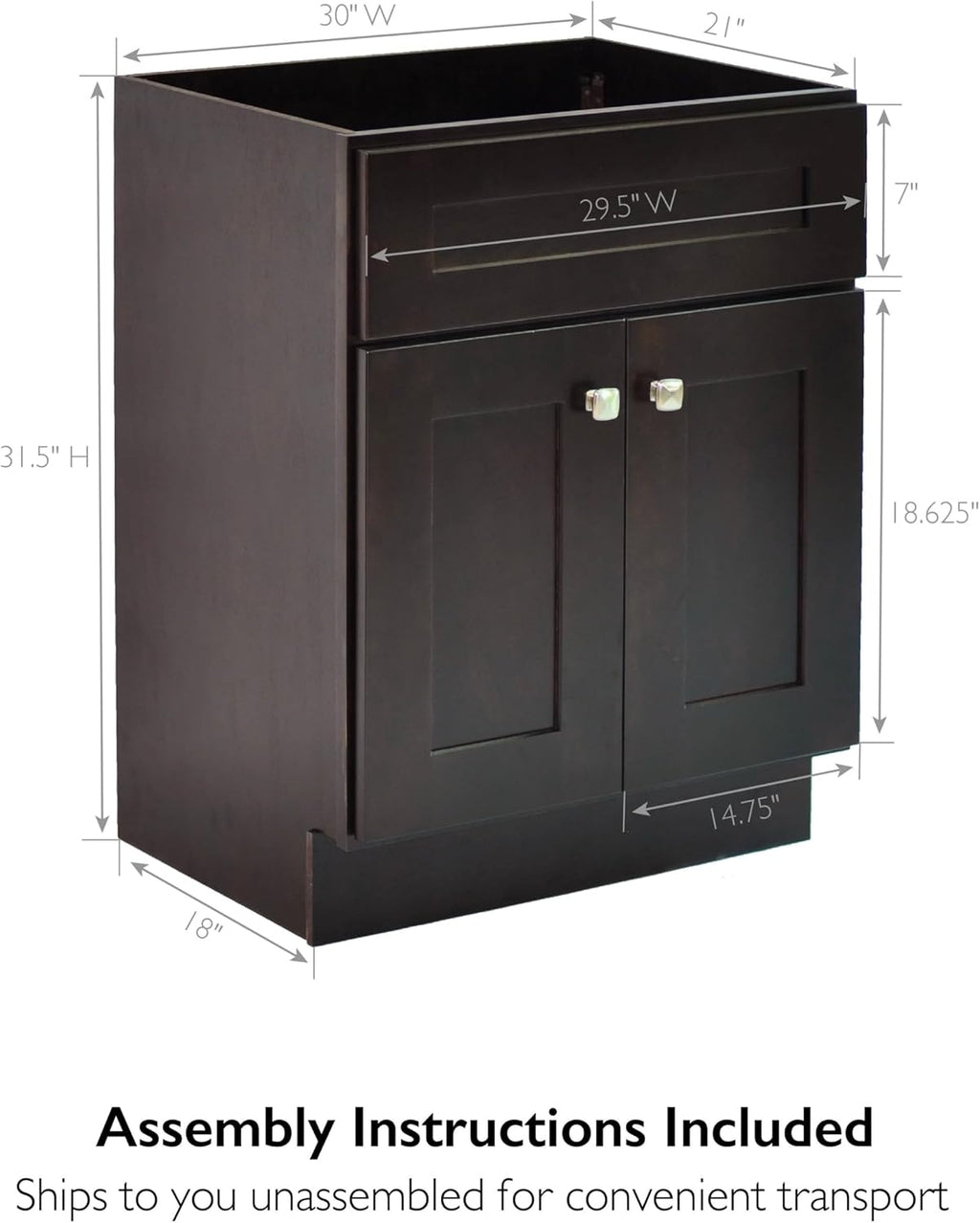 Design House Brookings 30 Inch Bathroom Vanity, Solid Wood, Ready to Assemble, Brown, 586982