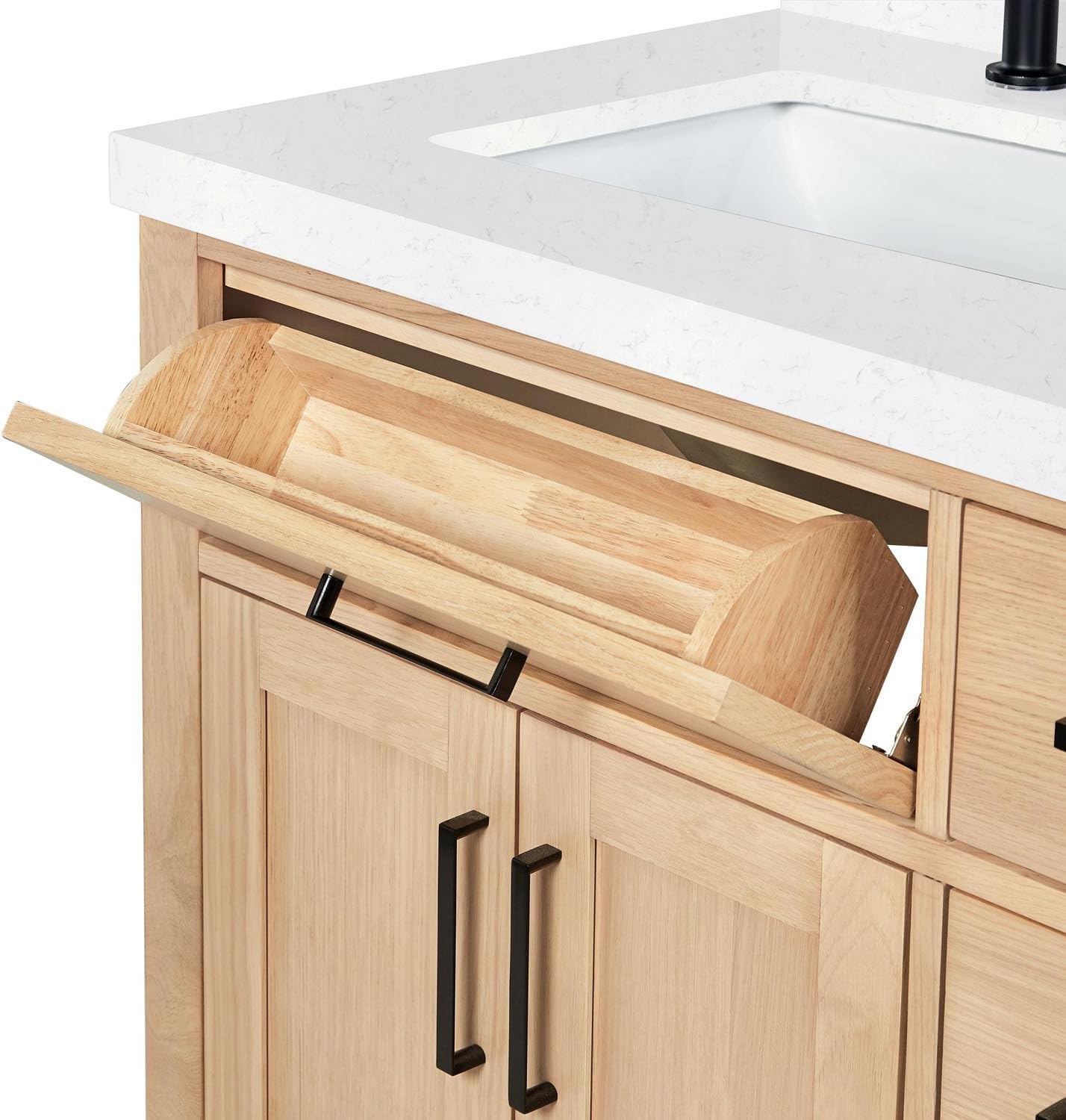 DKB Isabella 36-Inch Oak Bathroom Vanity with Sink, Carrara White Quartz Countertop 1.5' Edge, Left Single Rectangular Sink, 2 Soft Closing Doors, 5 Drawers, Solid Wood Frame