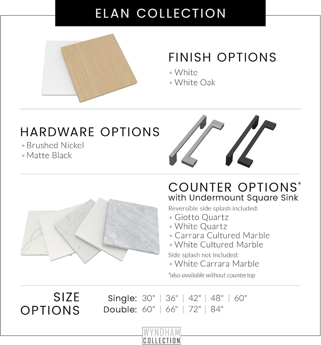 Wyndham Collection Elan 84 Inch Double Bathroom Vanity in White, No Countertop, No Sink, Brushed Nickel Trim