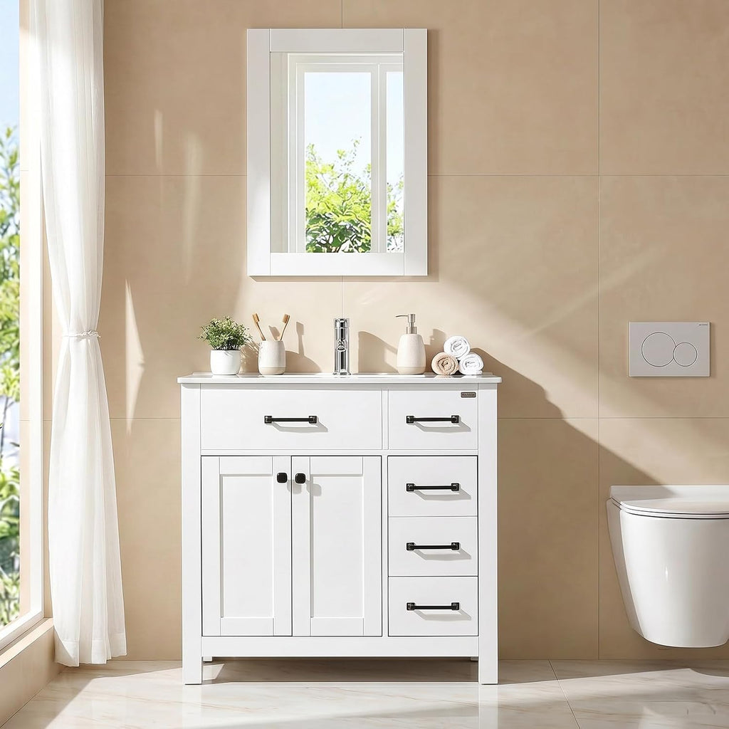 36 inch Bathroom Vanity with Sink and Countertop Faucet Modern White | Freestanding bathroom vanity cabinet, ceramic single sink combo