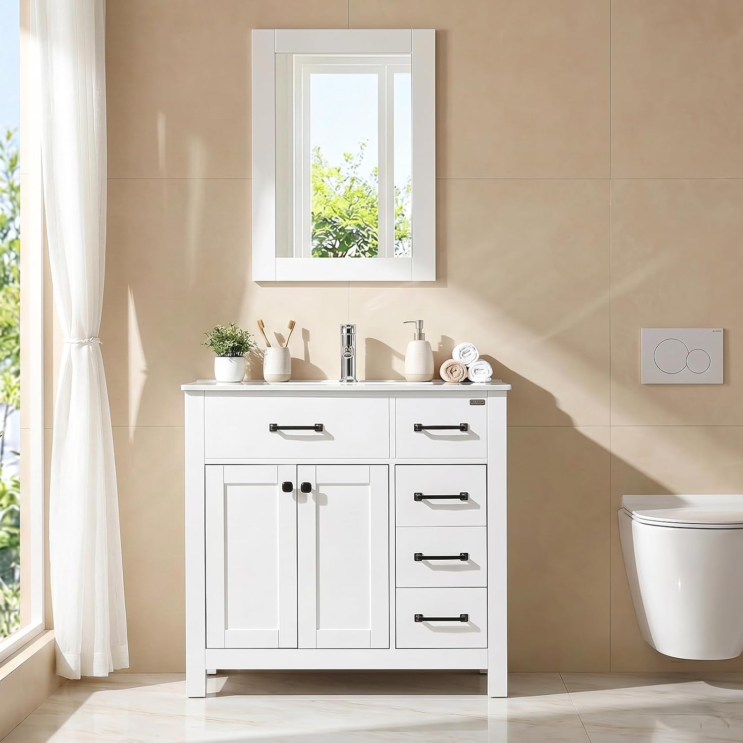 36 inch Bathroom Vanity with Sink and Countertop Faucet Modern White | Freestanding bathroom vanity cabinet, ceramic single sink combo